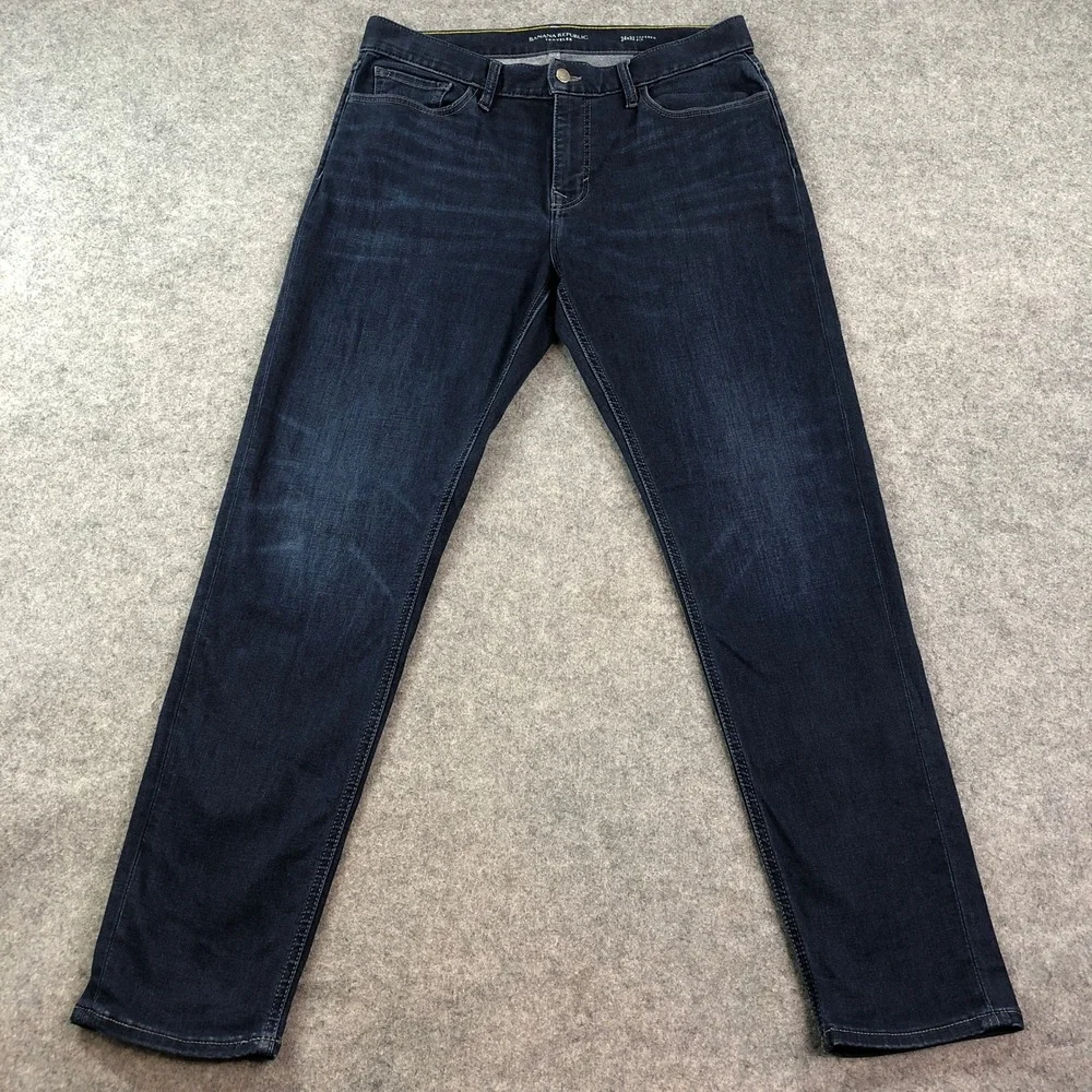 Banana Republic Mens Traveler Jeans 34x32 Tapered Fit Blue Dark Wash Stretch